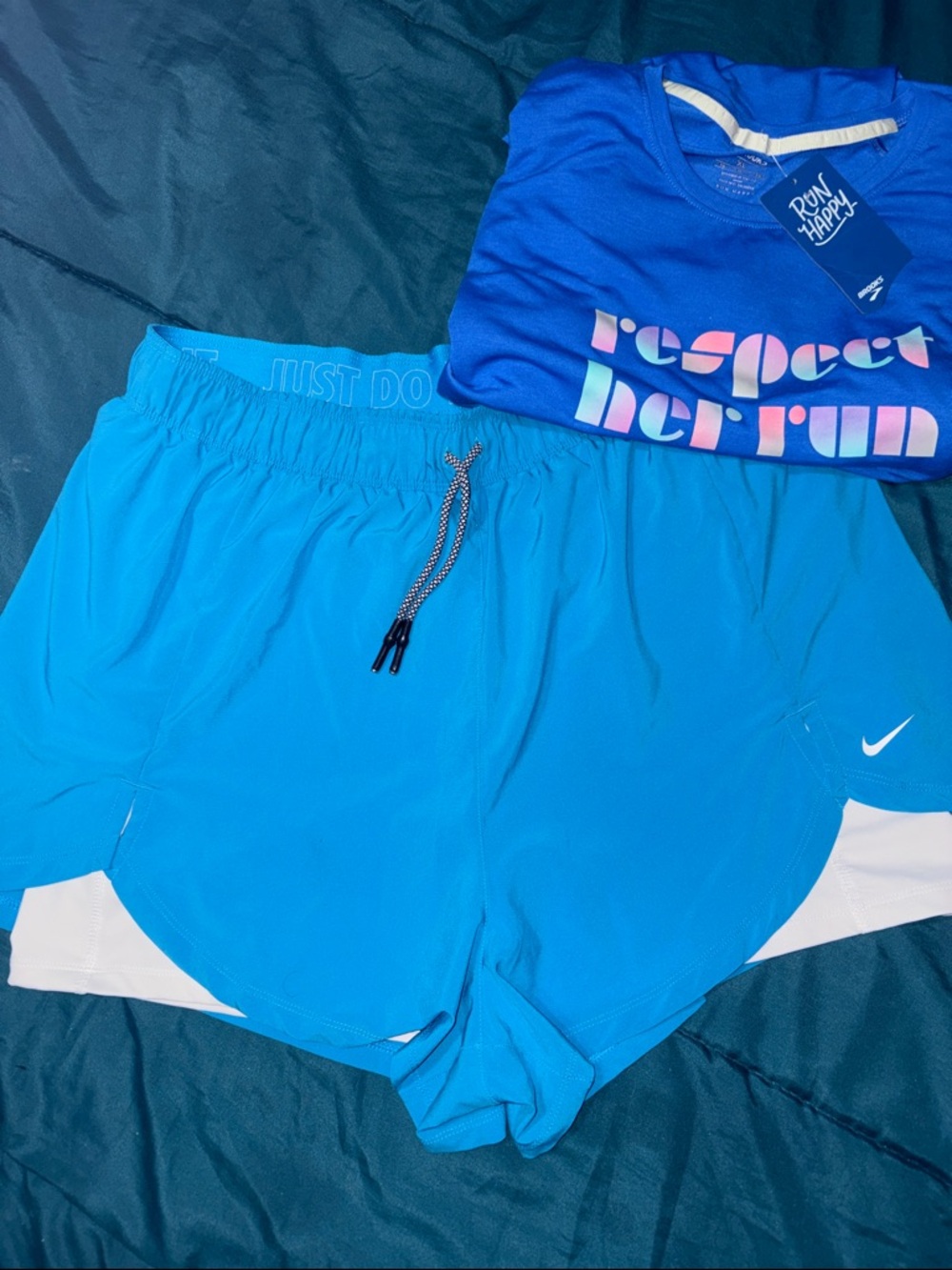 Nike Women's Blue Athletic Shorts with White Panels & free t shirt